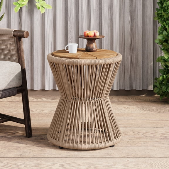 Christopher Knight Home Small Outdoor Side Table, Woven Rope Patio End Table, Beige + Light Teak