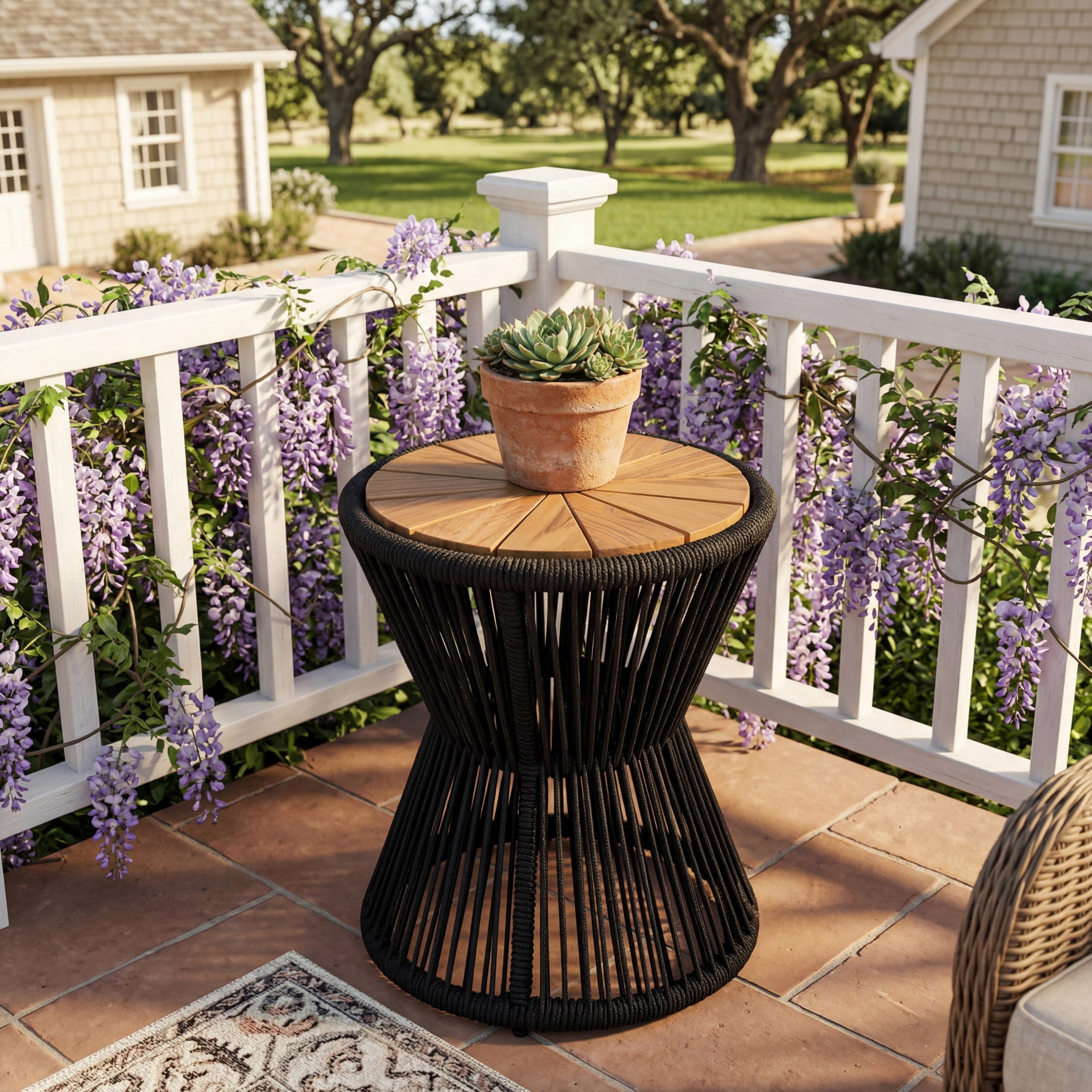 Christopher Knight Home Small Outdoor Side Table, Woven Rope Patio End Table, Black + Teak