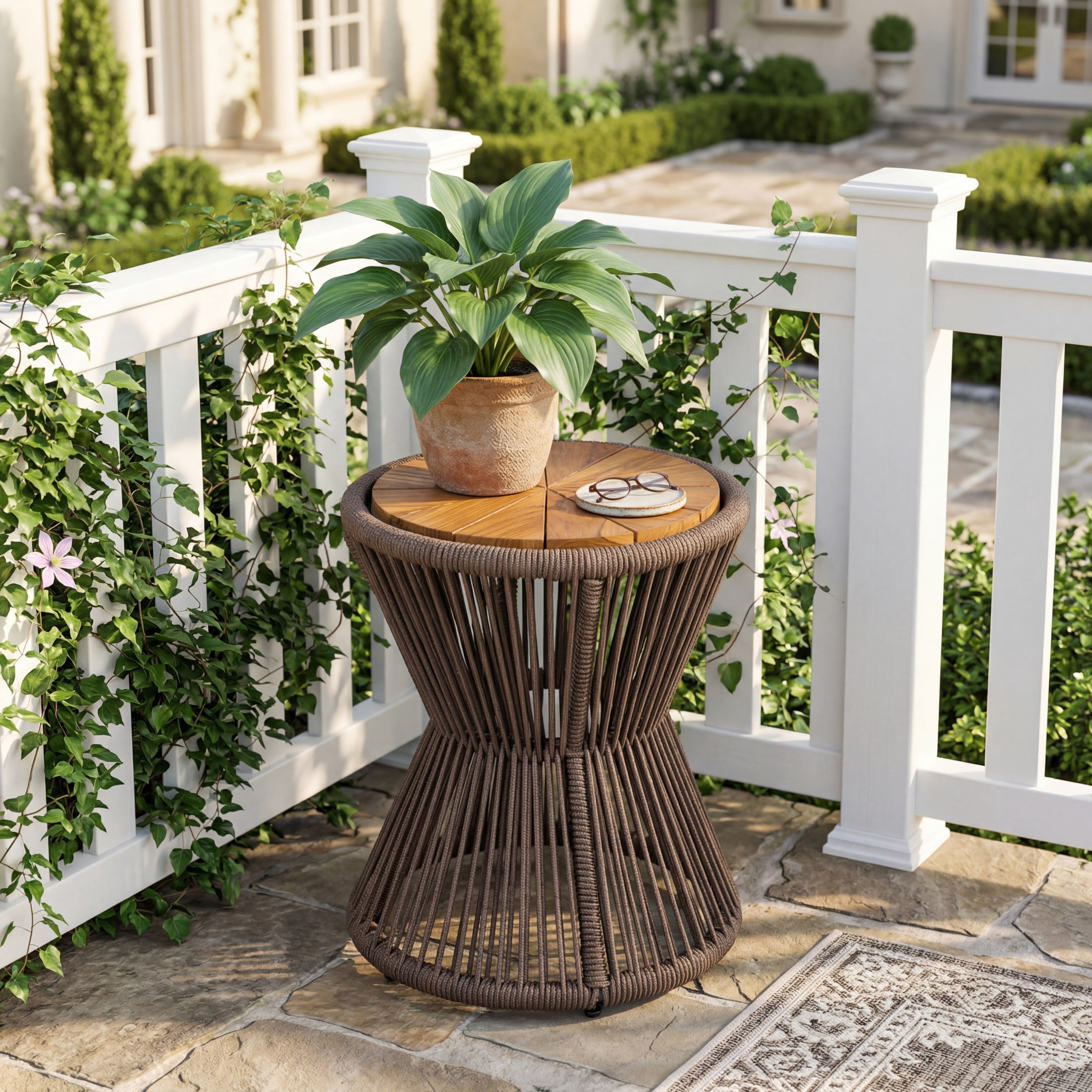 Christopher Knight Home Small Outdoor Side Table, Woven Rope Patio End Table, Dark Gray + Teak