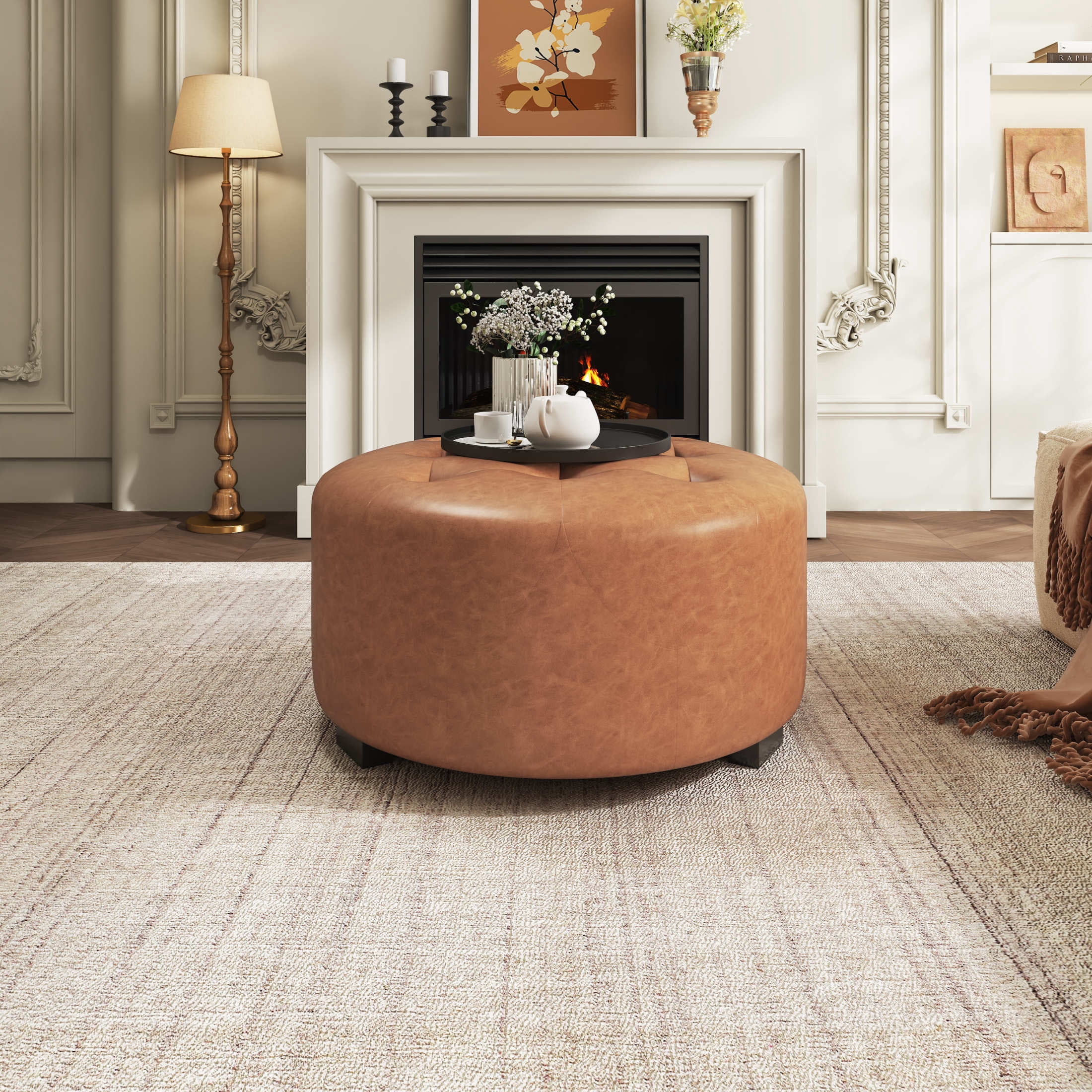 Christopher Knight Home Small Round Ottoman, Orange Brown PU Leather Button Tufted Footstool, Birch Wood Legs