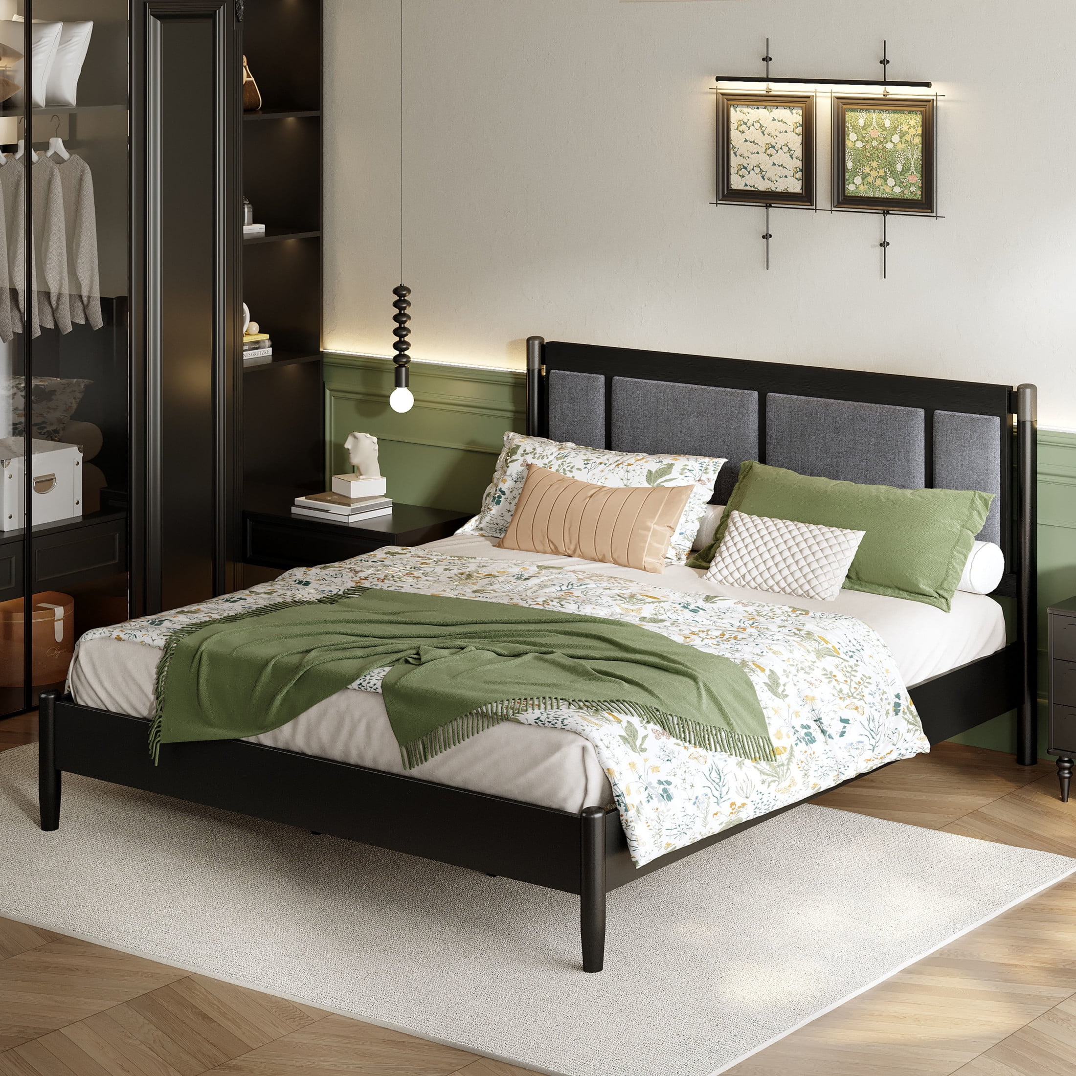 Christopher Knight Home Solid Wood King Bed Frame with Upholstered Headboard and High Base, Black+Dark Gray
