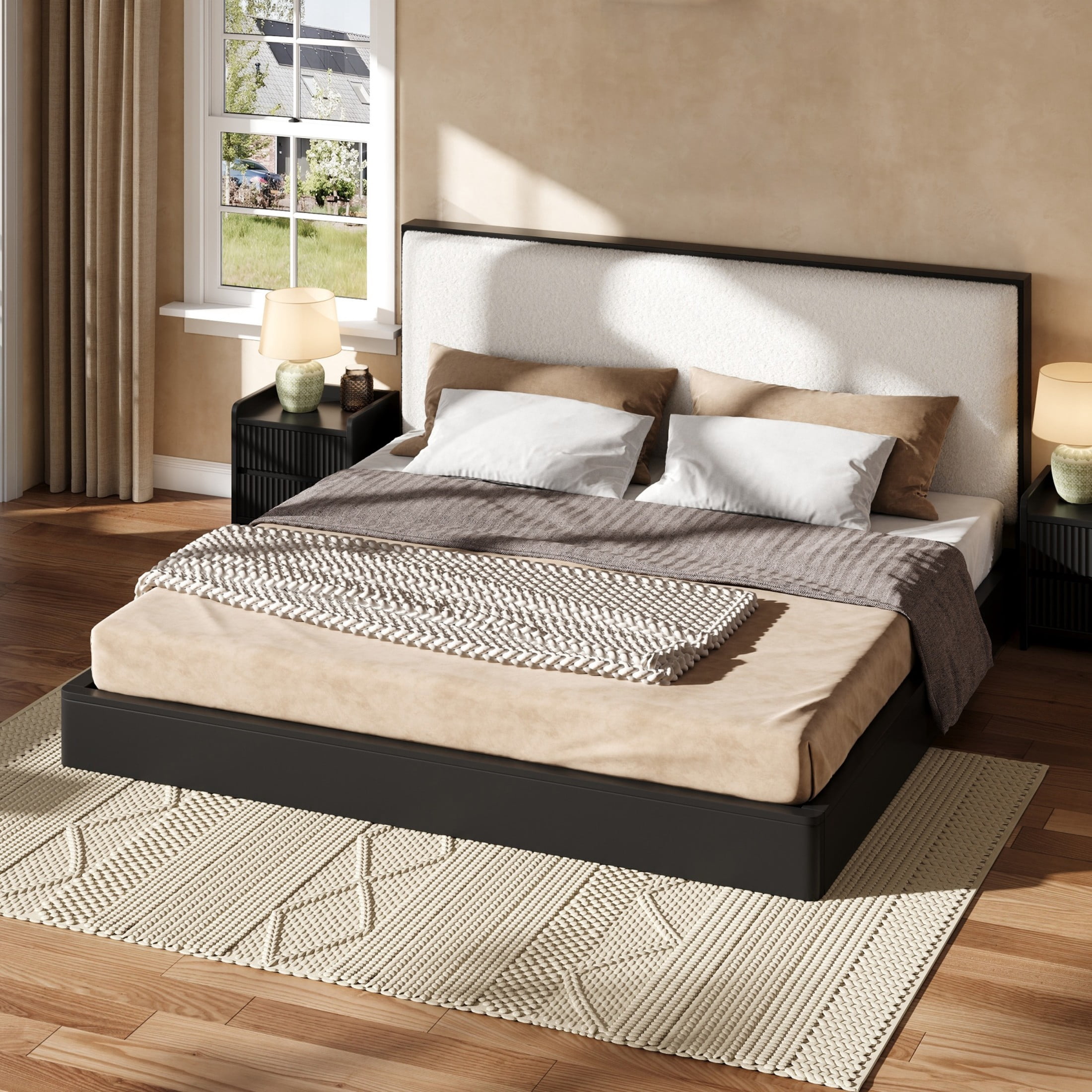 Christopher Knight Home Solid Wood King Platform Bed Frame with Boucle Upholstered Headboard, Black