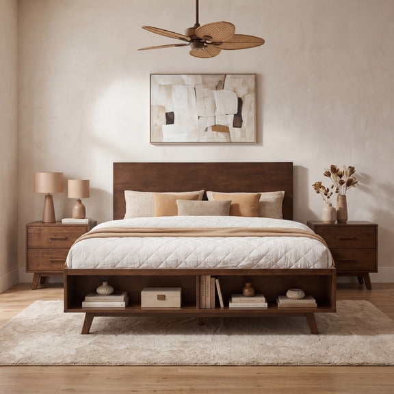 Christopher Knight Home Solid Wood Platform Bed Frame with Footboard Storage Space, Queen, Walnut