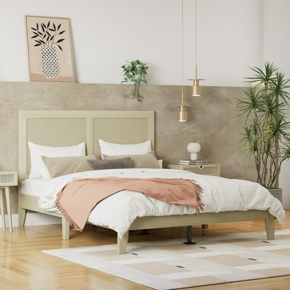 Christopher Knight Home Solid Wood Platform Queen Bed with Rattan Headboard  Queen Size