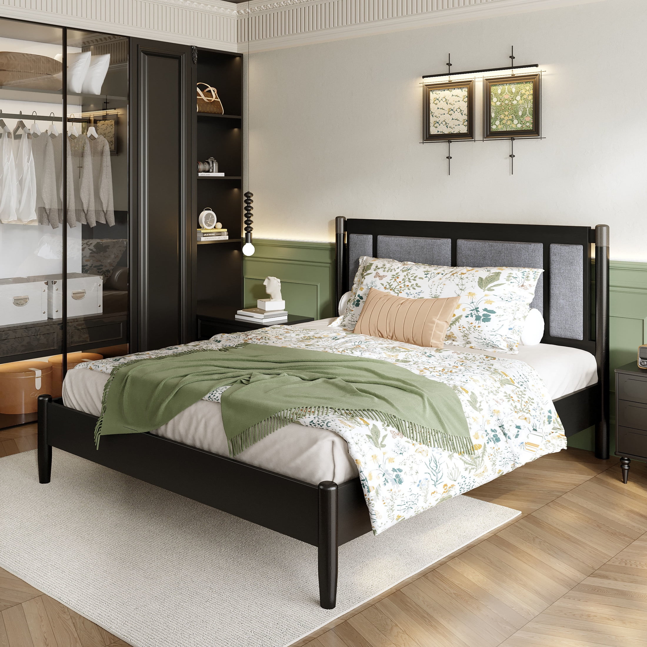 Christopher Knight Home Solid Wood Queen Bed Frame with Upholstered Headboard and High Base, Black+Dark Gray