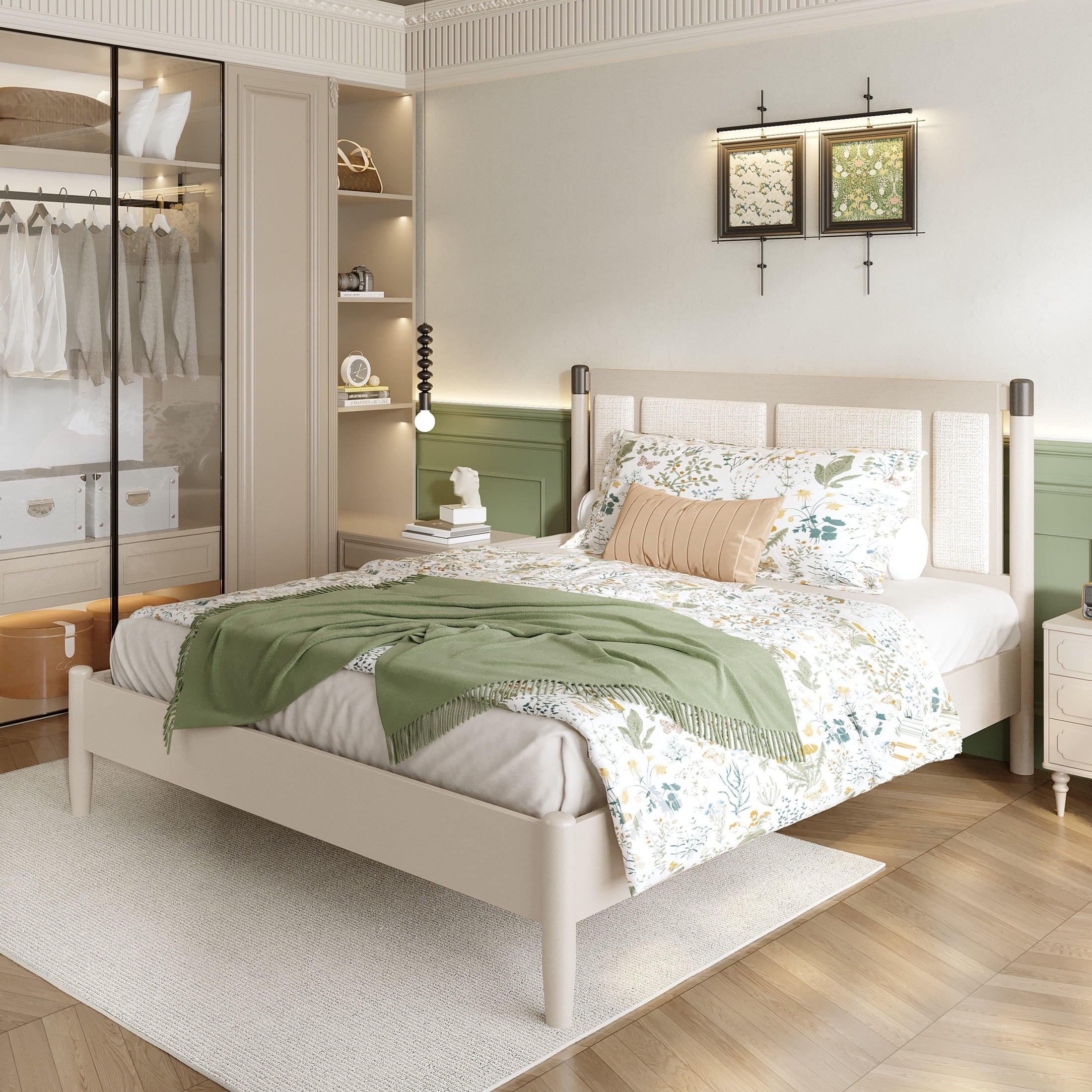 Christopher Knight Home Solid Wood Queen Bed Frame with Upholstered Headboard and High Base, Gray+Light Gray