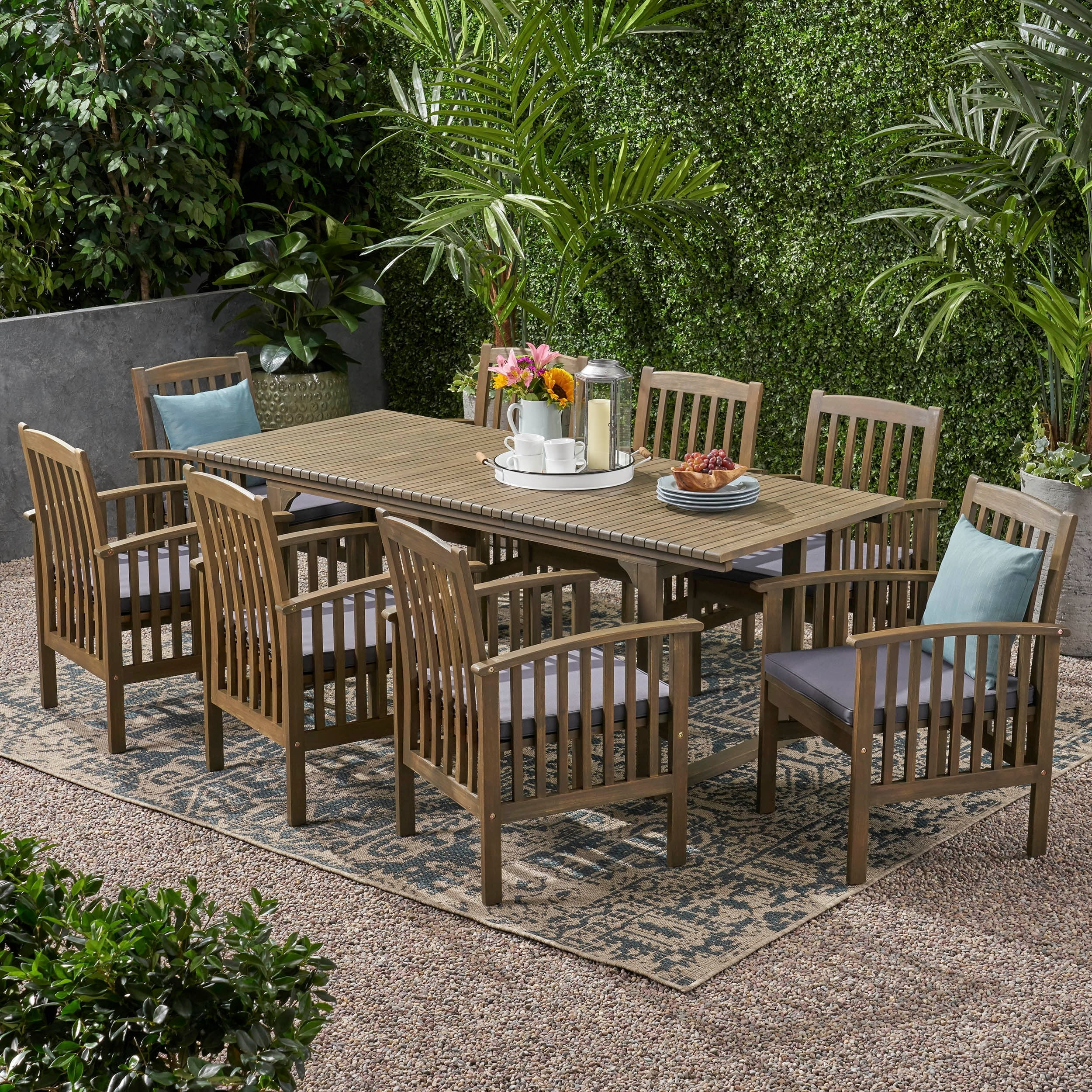 Christopher Knight Home Sorrento Acacia Wood 9 piece Expandable Table Outdoor Dining Set by Gray Finish Dark Gray
