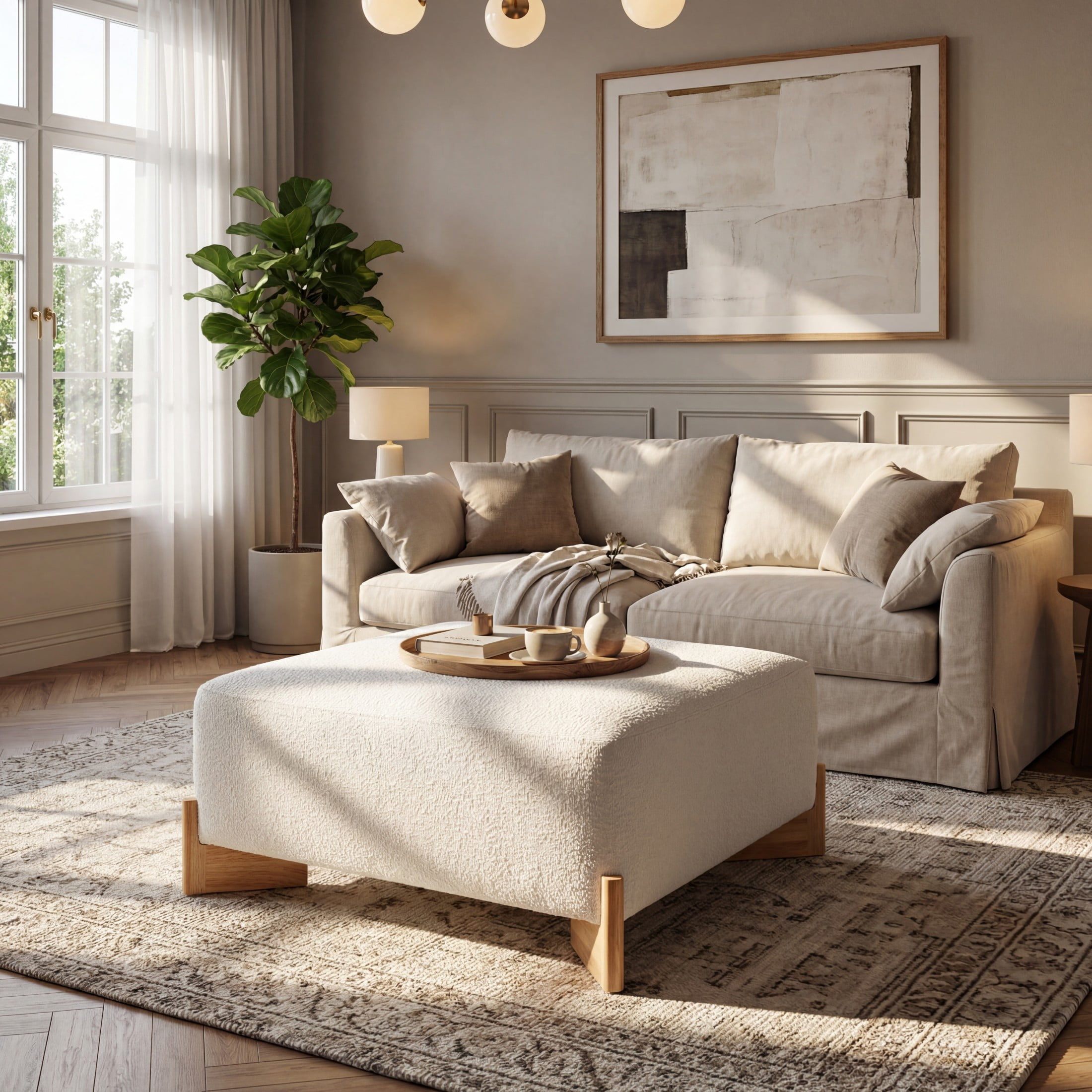 Christopher Knight Home Square Boucle Upholstered Ottoman with Solid Wood Legs, Ivory