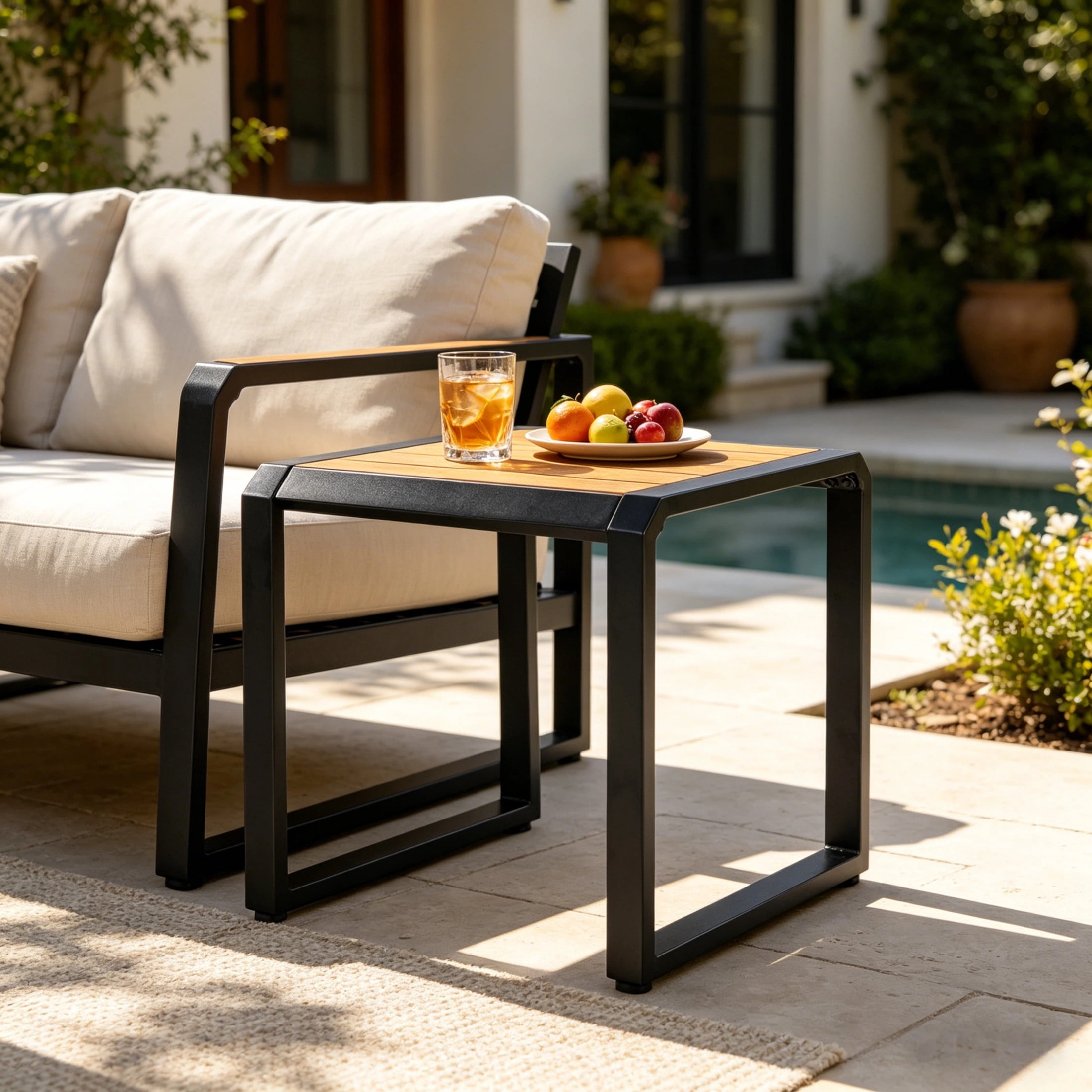 Christopher Knight Home Square Outdoor Accent Side Table with Acacia Wood Top, Iron Frame, Black