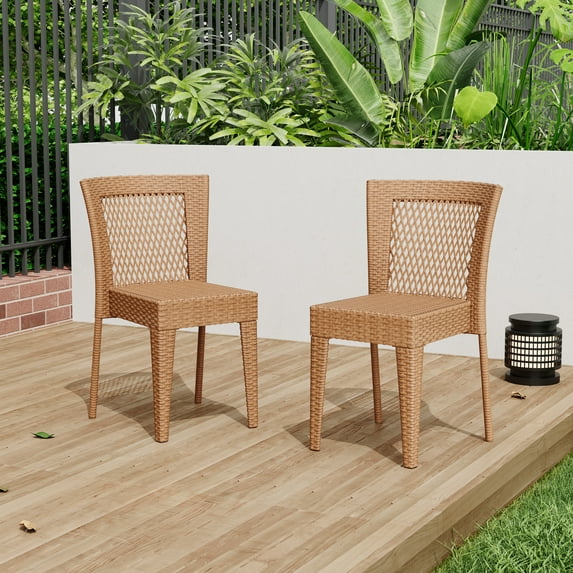 Christopher Knight Home Stackable Patio Dining Chairs with Ratten and Metal Frame, Beige, Set of 2