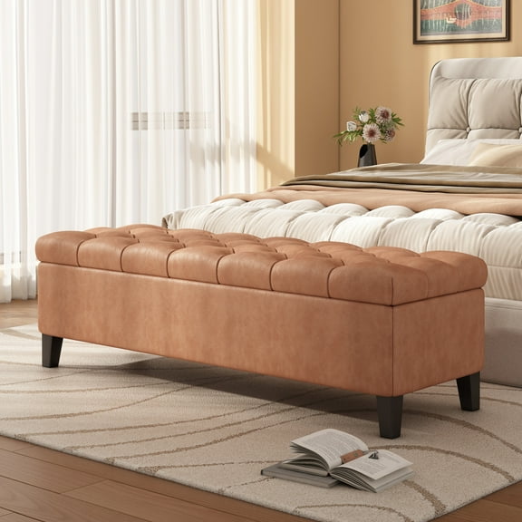 Christopher Knight Home Storage Ottoman Bench with Button Tufted, PU Leather Upholstery, Cognac Brown