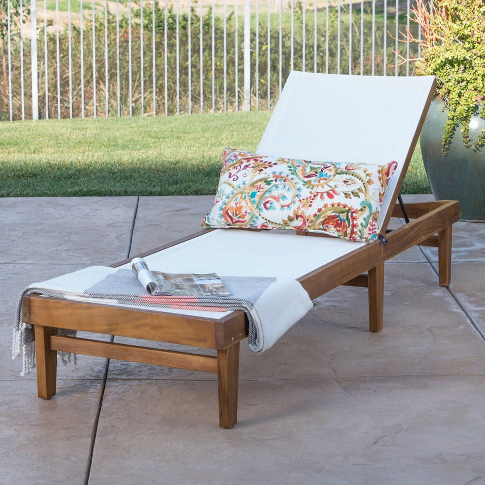Summerland Teak Finish Acacia Wood Chaise Lounge with White Mesh