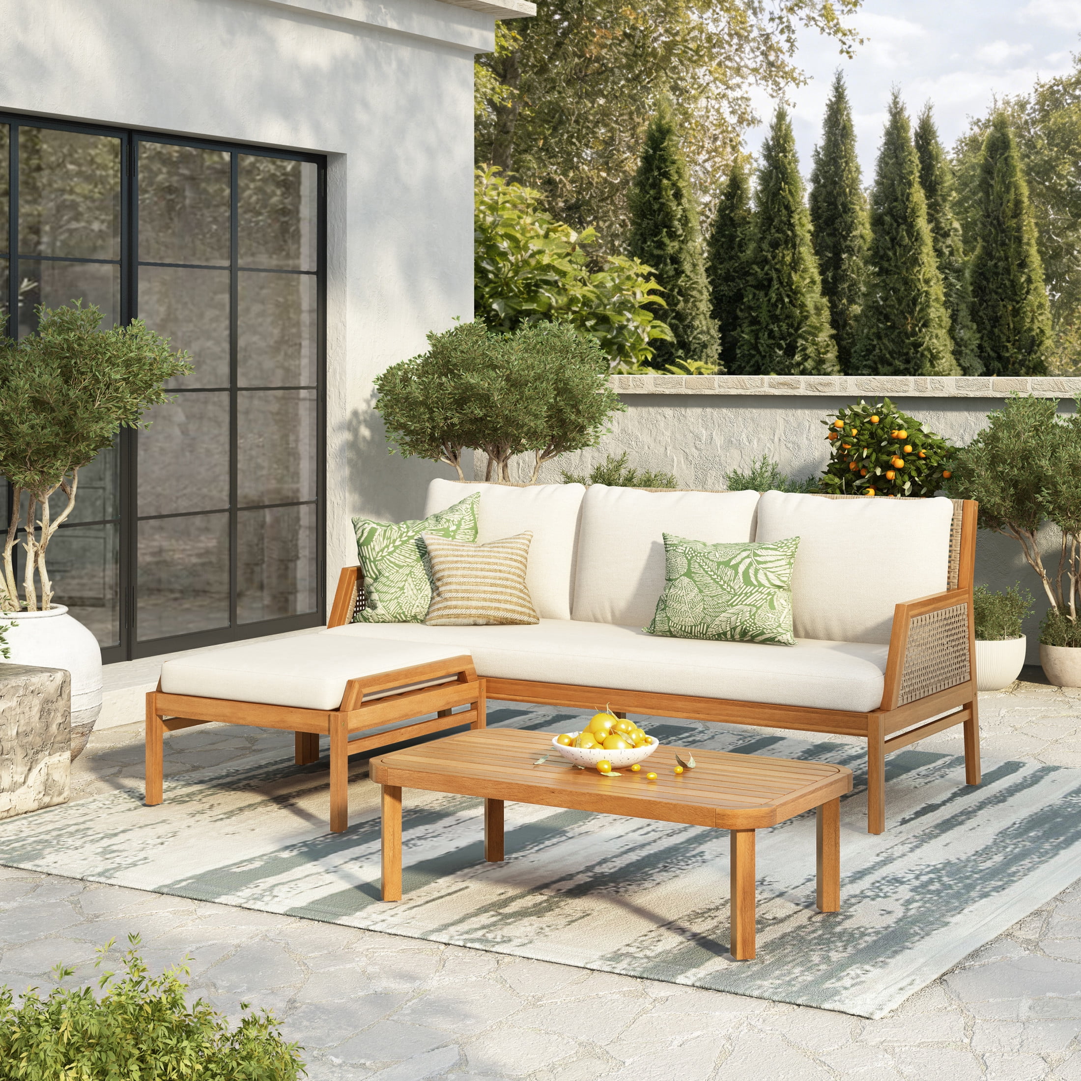 Christopher Knight Home Teak 3-Piece Outdoor Wicker Conversation Set with Table & Ottoman, Beige Cushion