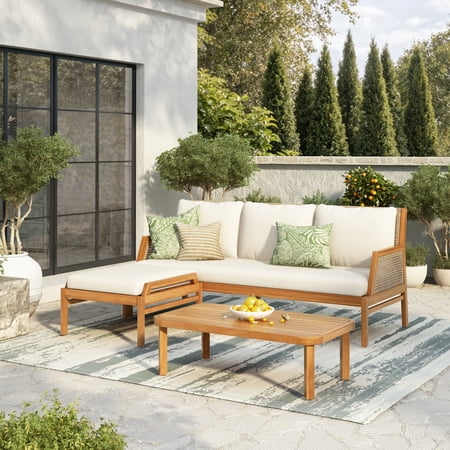 Christopher Knight Home Teak 3-Piece Outdoor Wicker Conversation Set with Table & Ottoman, Beige Cushion