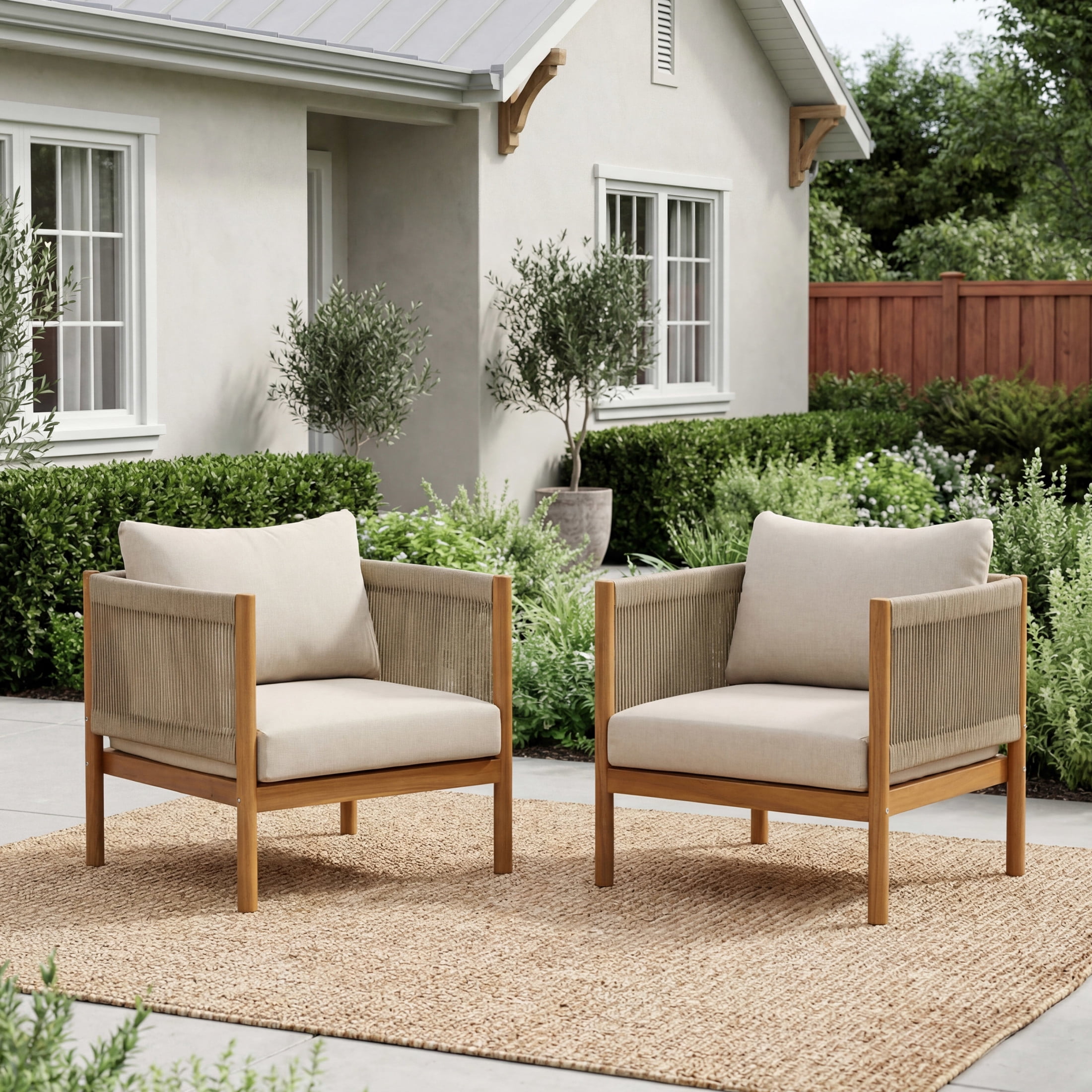 Christopher Knight Home Teak Outdoor Acacia Wood Club Chair with Rope Panels and Cream Cushions, Set of 2