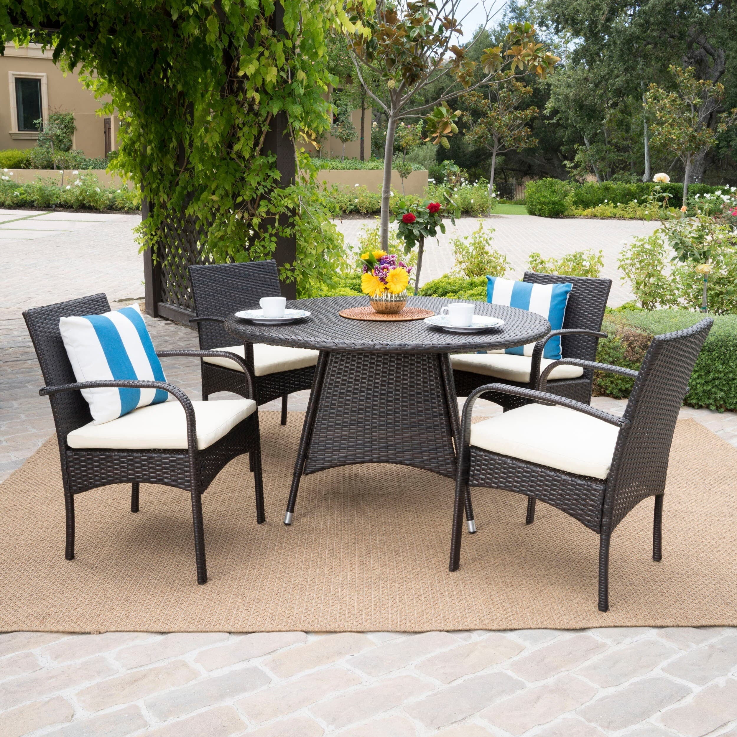 Brown Wicker 4-Person Round Patio Dining Set with Beige Cushions