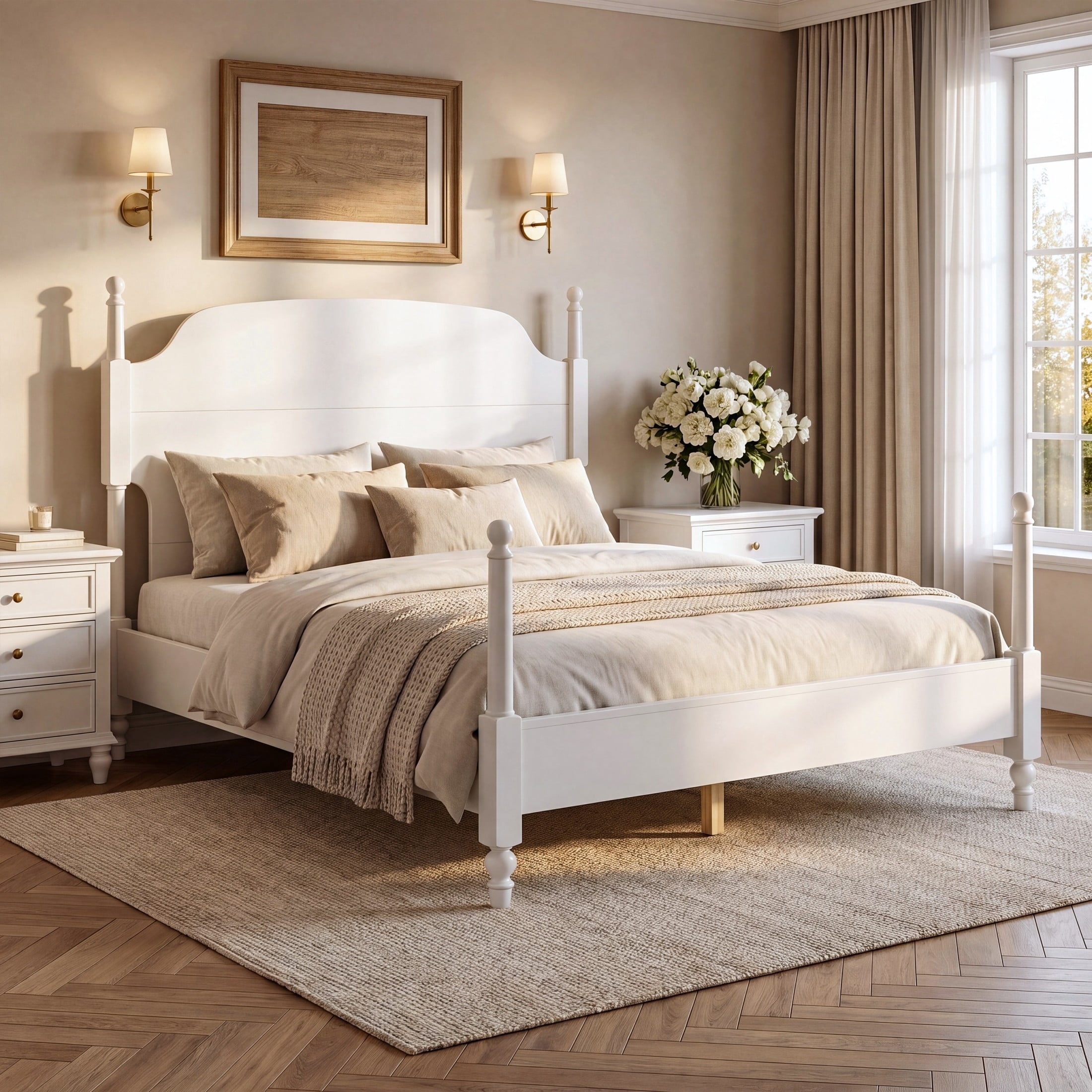Christopher Knight Home Traditional Solid Wood Post Bed Frame with Arched Headboard, Queen, White