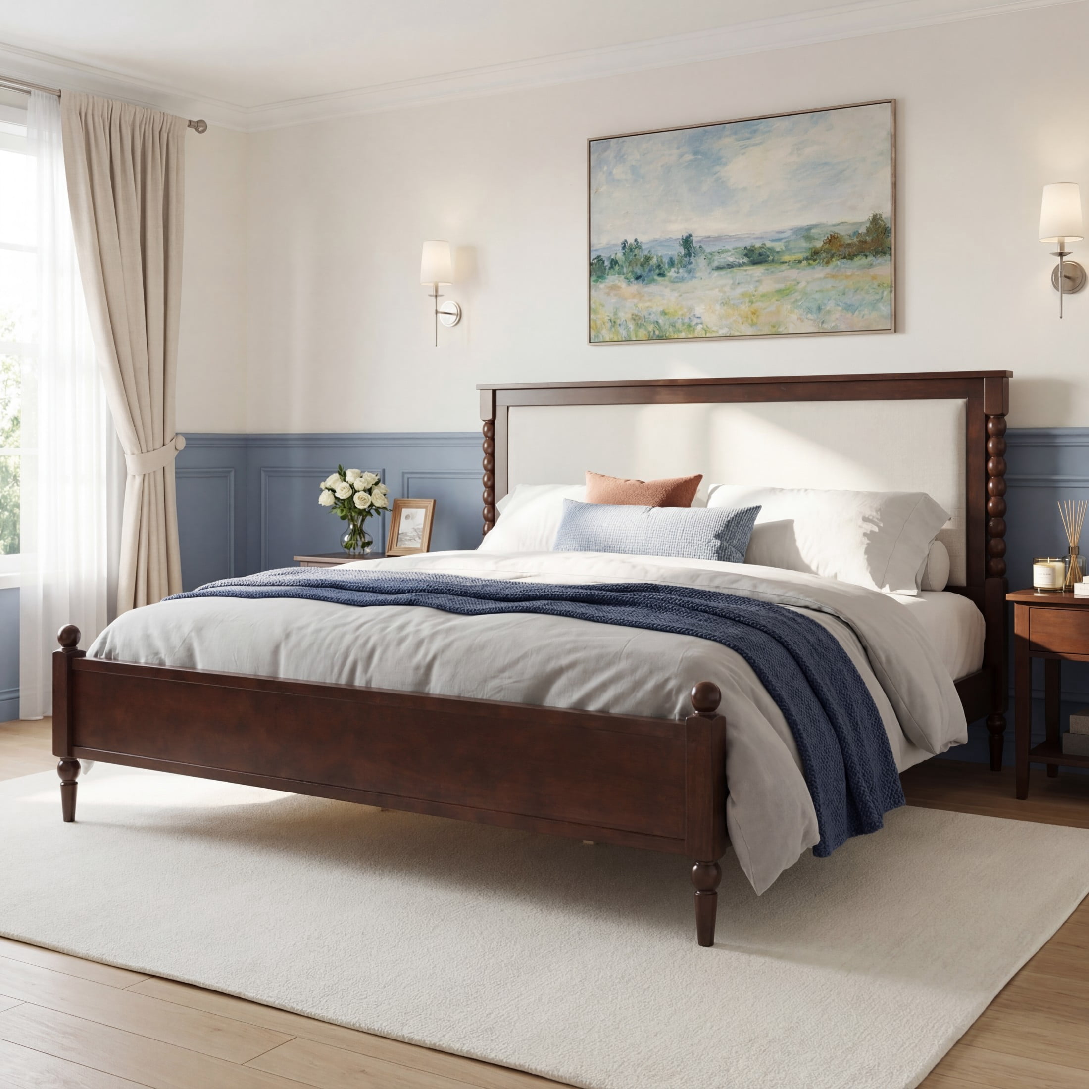 Christopher Knight Home Traditional Wood Bed Frame with Spindle Upholstered Headboard, King Size, Brown