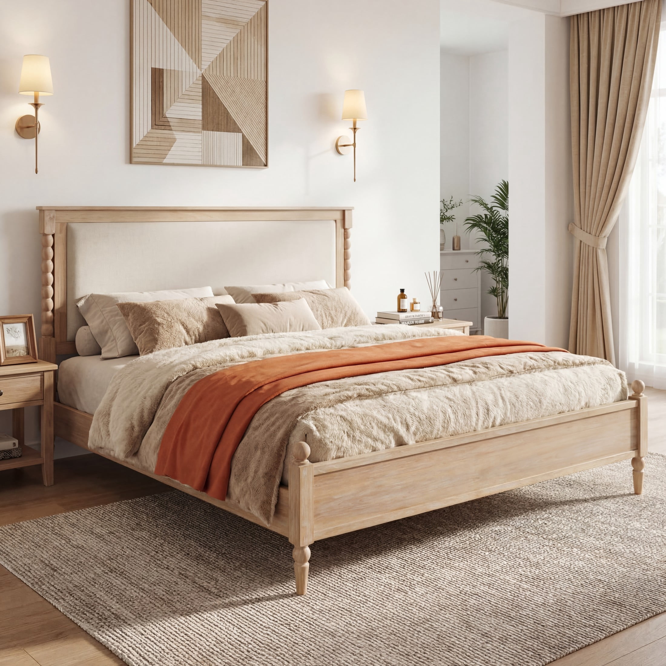 Christopher Knight Home Traditional Wood Bed Frame with Spindle Upholstered Headboard, King Size, Natural