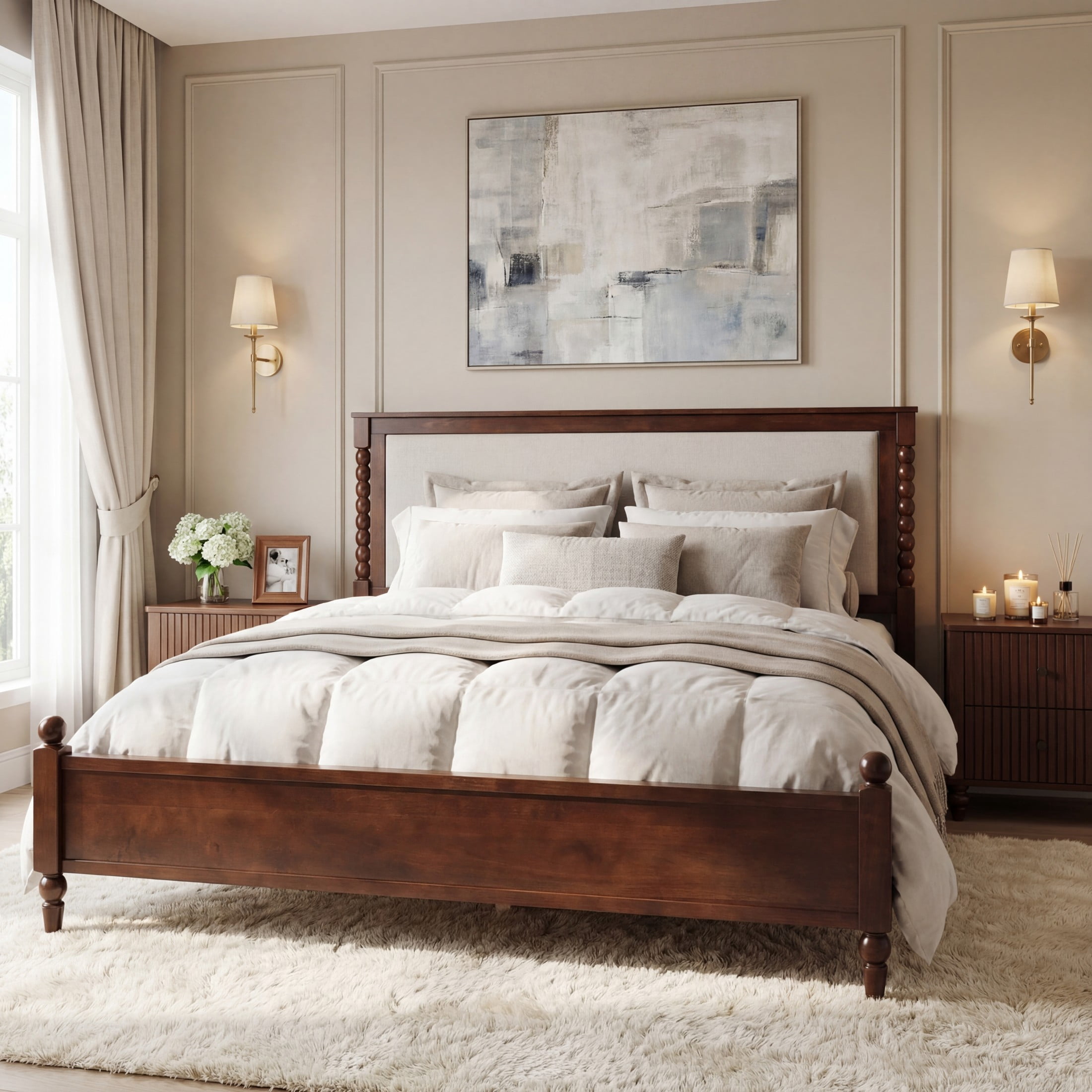 Christopher Knight Home Traditional Wood Bed Frame with Spindle Upholstered Headboard, Queen Size, Brown