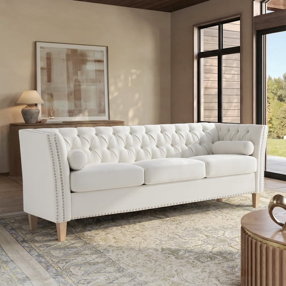 Christopher Knight Home Transitional 3-Seat Sofa with Flared Arms, Nailhead Trim, Beige