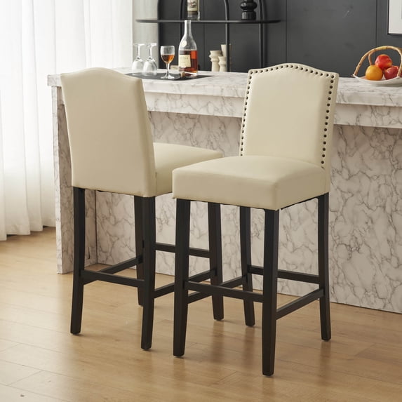 Christopher Knight Home Transitional 30.75" PU Upholstered Bar Stools with Solid Wood Frame, Beige, Set of 2