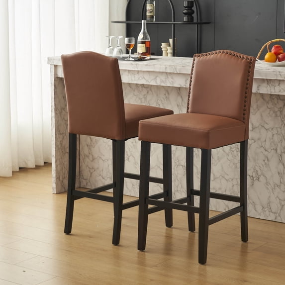 Christopher Knight Home Transitional 30.75" PU Upholstered Bar Stools with Solid Wood Frame, Brown, Set of 2