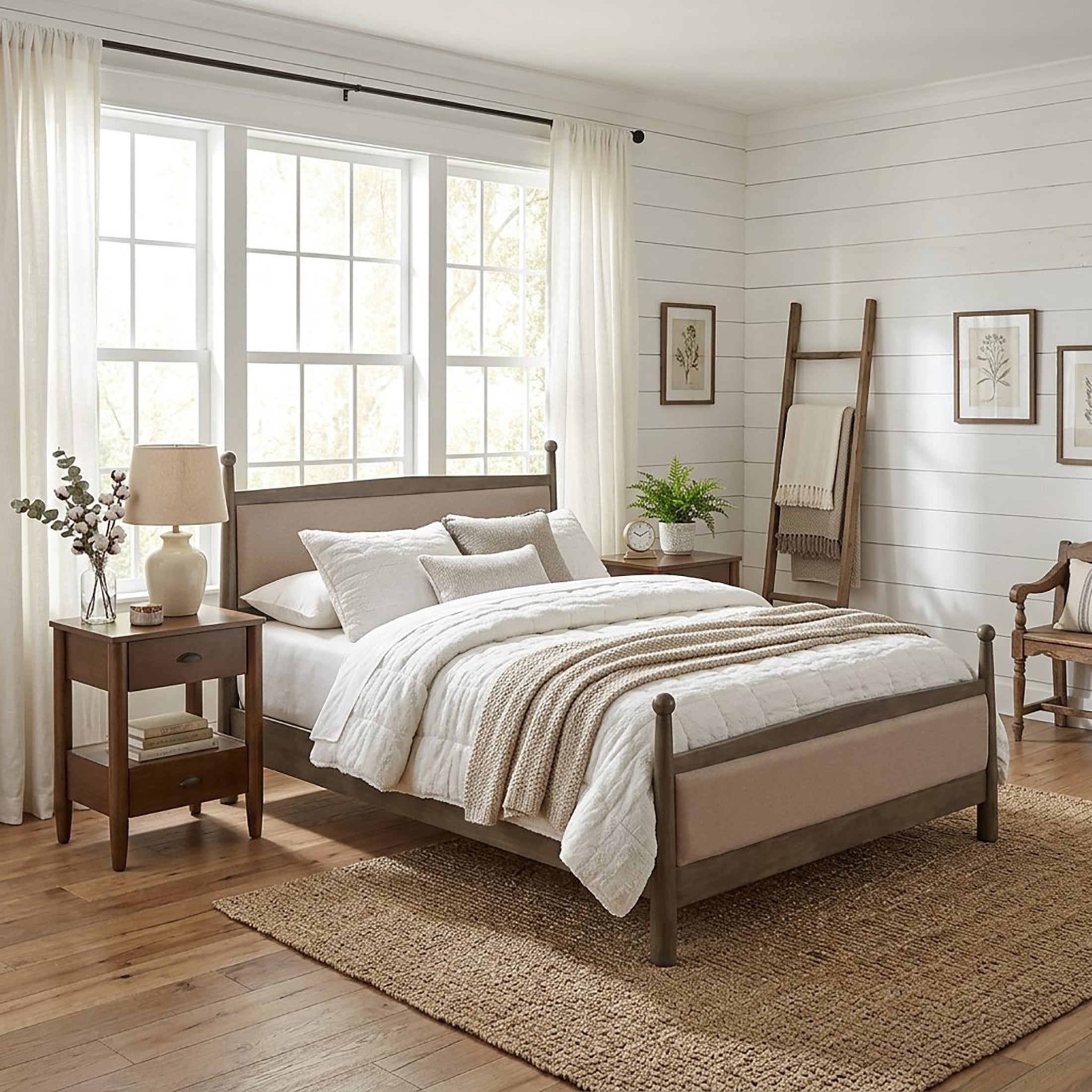 Christopher Knight Home Transitional Bedroom Set, King Upholstered Bed with 2 Nightstands, Natural+Walnut