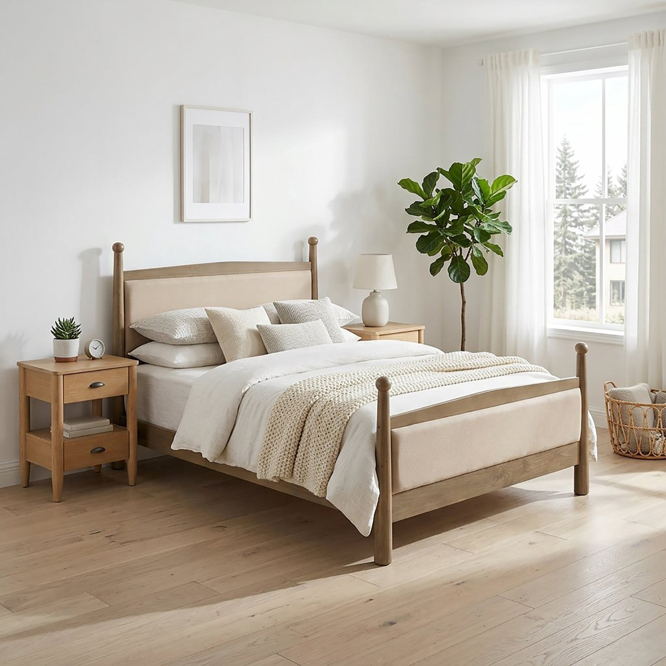 Christopher Knight Home Transitional Bedroom Set, King Upholstered Bed with 2 Nightstands, Natural