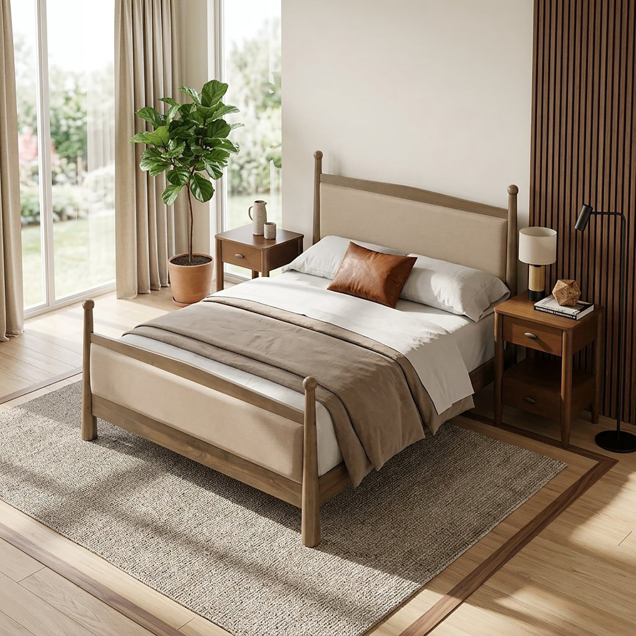 Christopher Knight Home Transitional Bedroom Set, Queen Upholstered Bed with 2 Nightstands, Natural+Walnut