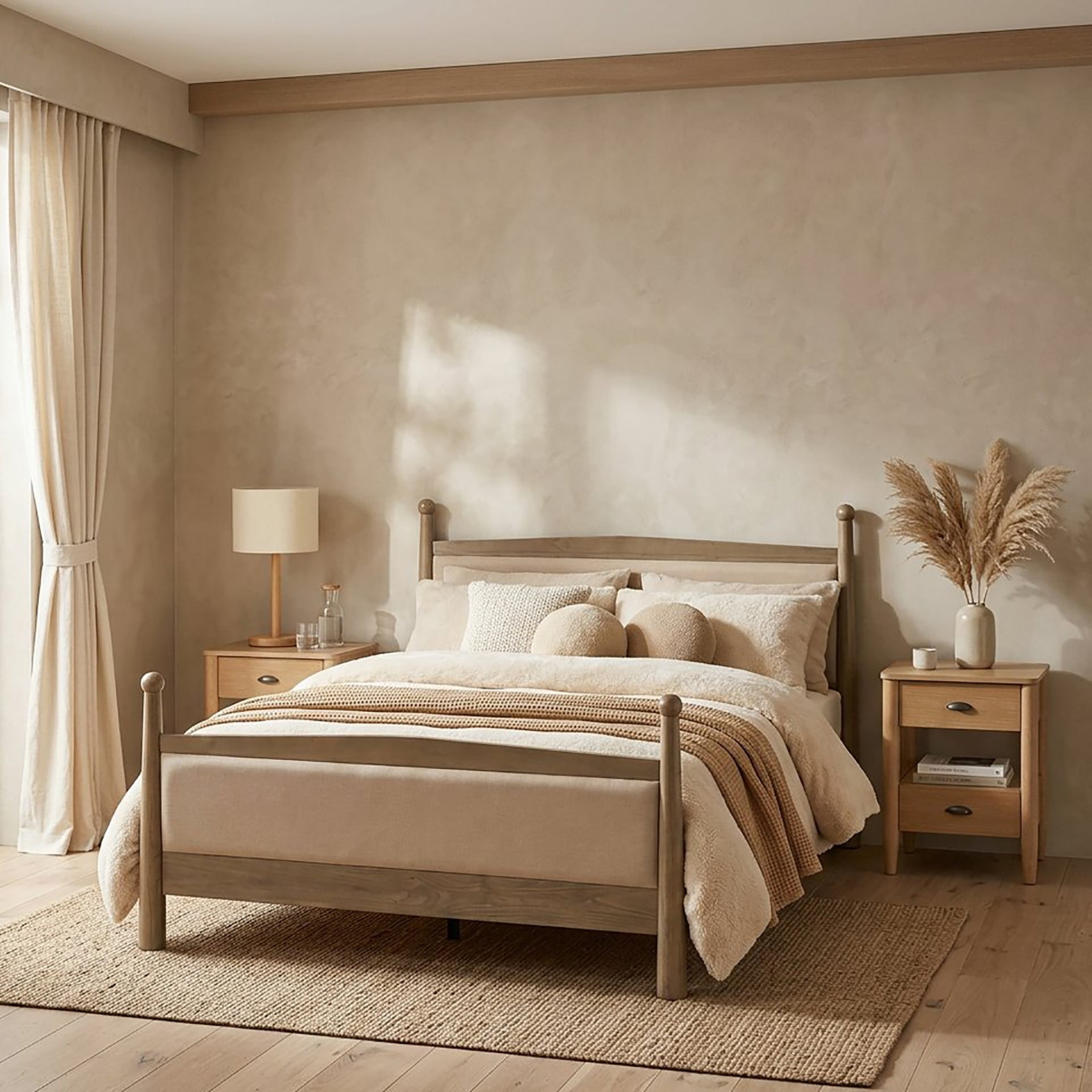 Christopher Knight Home Transitional Bedroom Set, Queen Upholstered Bed with 2 Nightstands, Natural