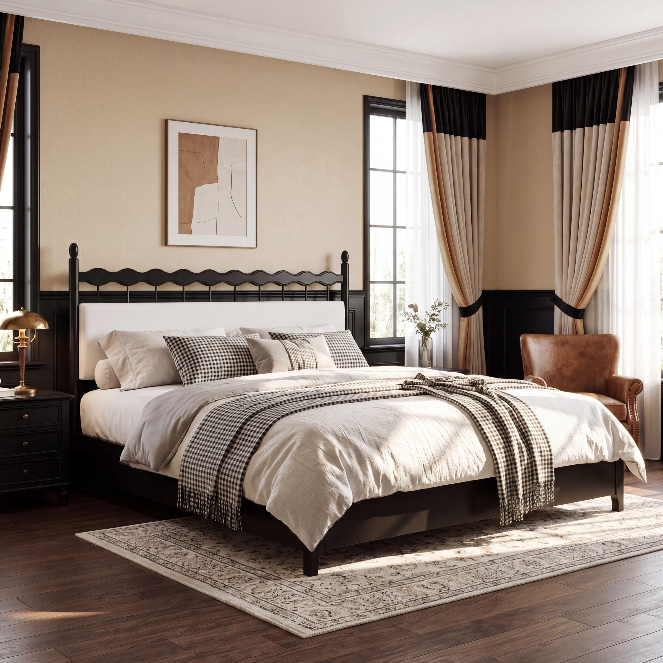 Christopher Knight Home Transitional Platform Bed Frame with Upholstered Headboard, King Size, Black