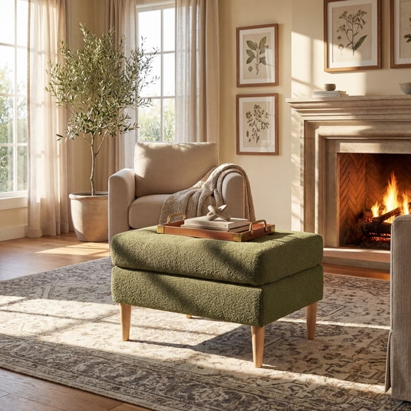 Christopher Knight Home Tufted Boucle Upholstered Ottoman with Rubberwood Legs, Olive Green