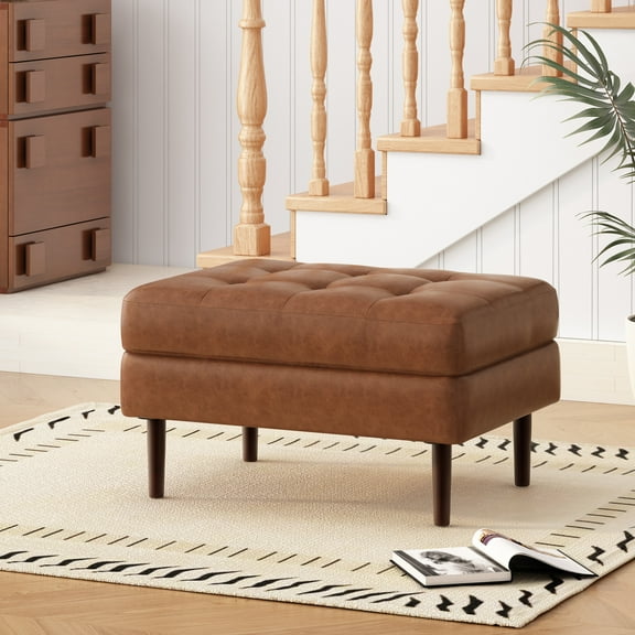 Christopher Knight Home Tufted Cocktail Ottoman, PU Upholstered Bench with Solid Wood Legs, Reddish Brown