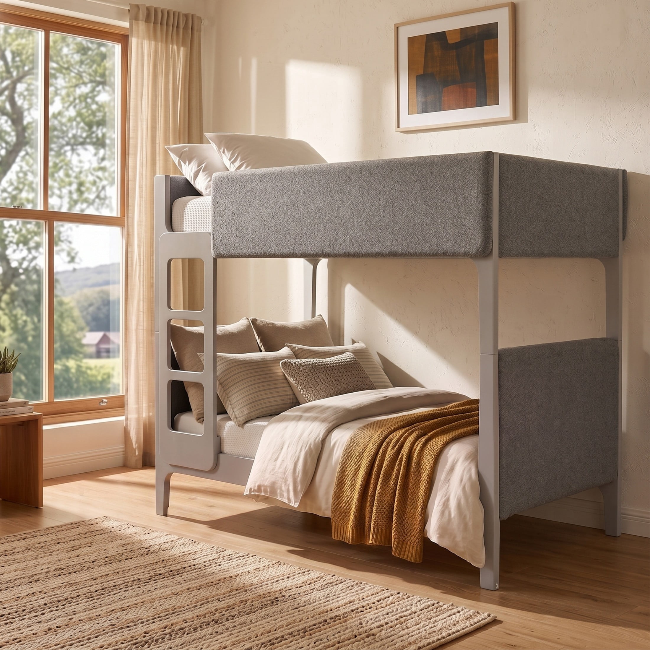 Christopher Knight Home Twin Over Twin Upholstered Bunk Bed for Kids, Thick Padded Headboard, Gray