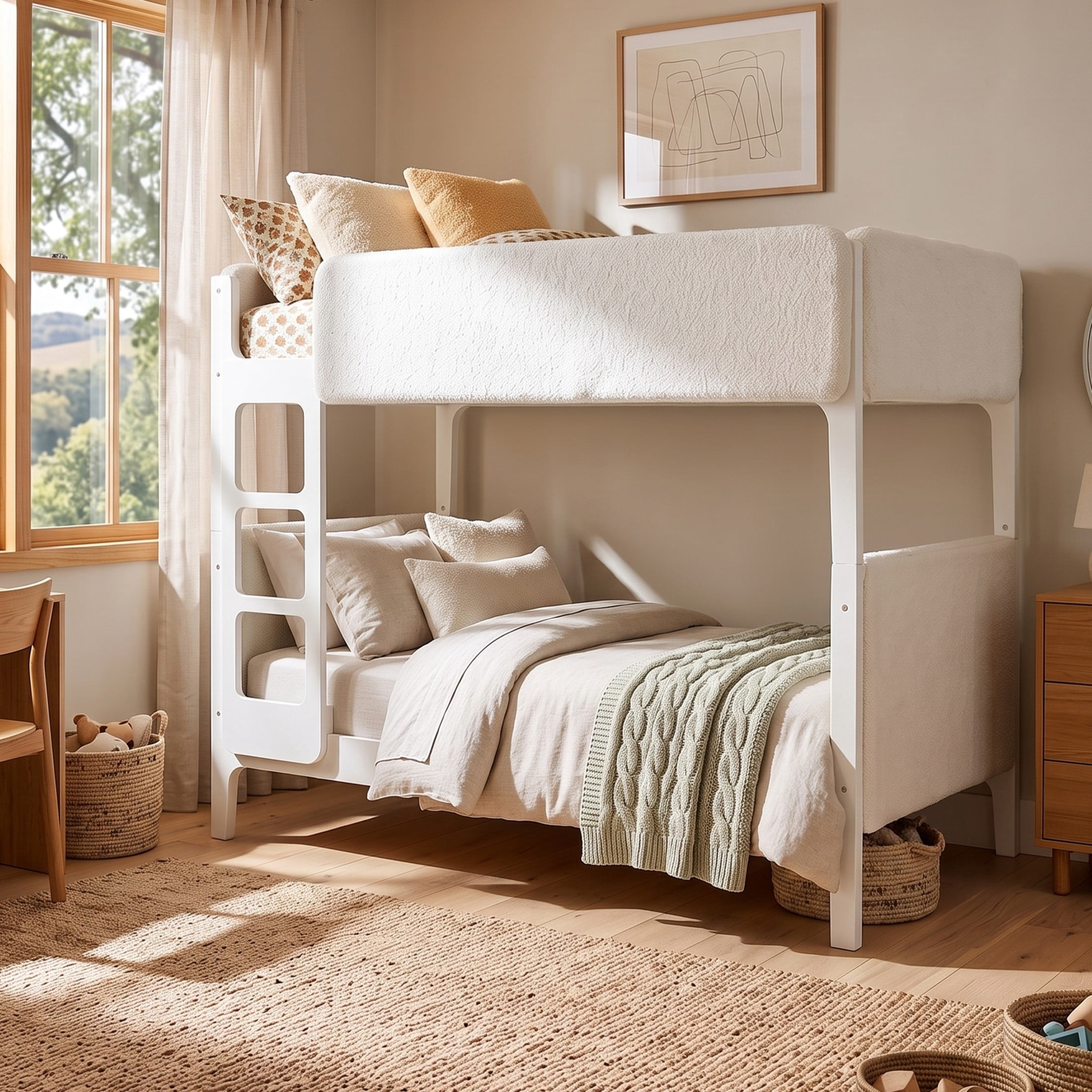 Christopher Knight Home Twin Over Twin Upholstered Bunk Bed for Kids, Thick Padded Headboard, White