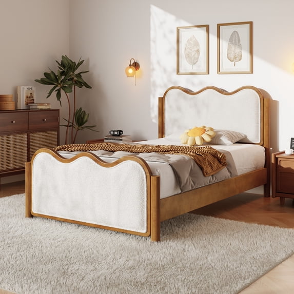 Christopher Knight Home Twin Size Boucle Upholstered Bed Frame with Wavy Curved Headboard, Solid Wood, Ivory+Walnut