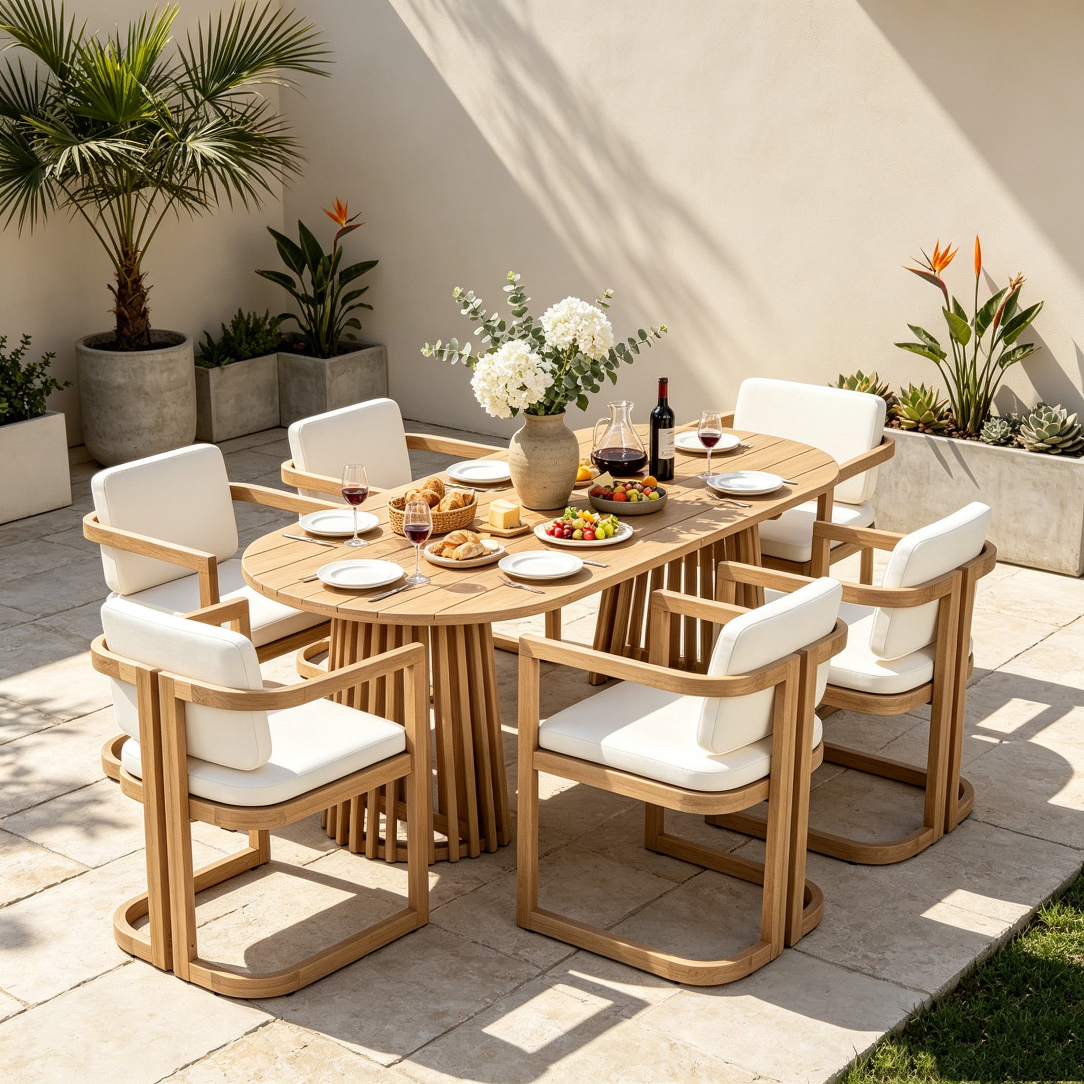 Christopher Knight Home U-shaped Outdoor Wood Dining Chairs with Beige Cushions, Light Teak, Set of 6
