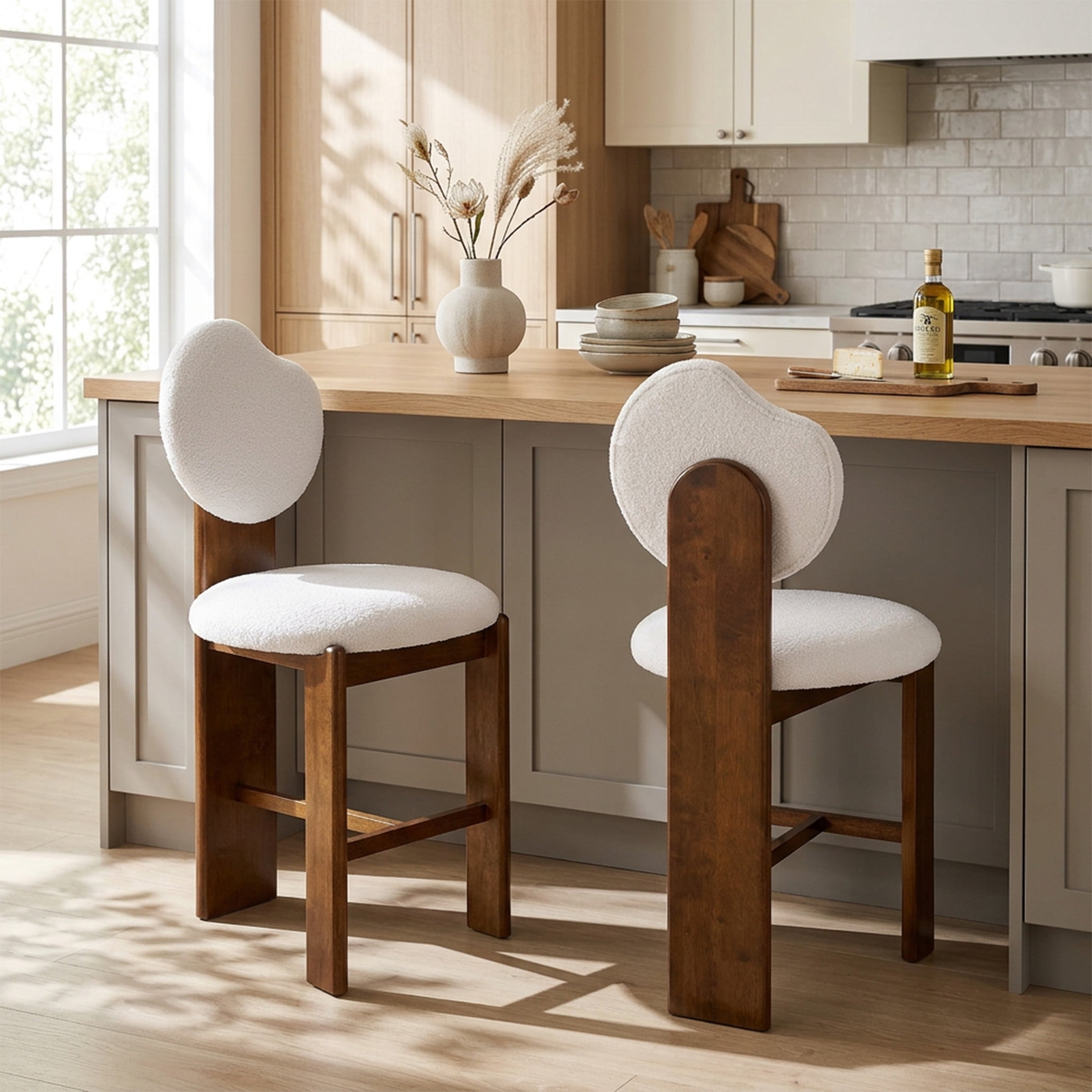 Christopher Knight Home Unique Modern Counter Stools, Walnut Finish with White Upholstery, Set of 2