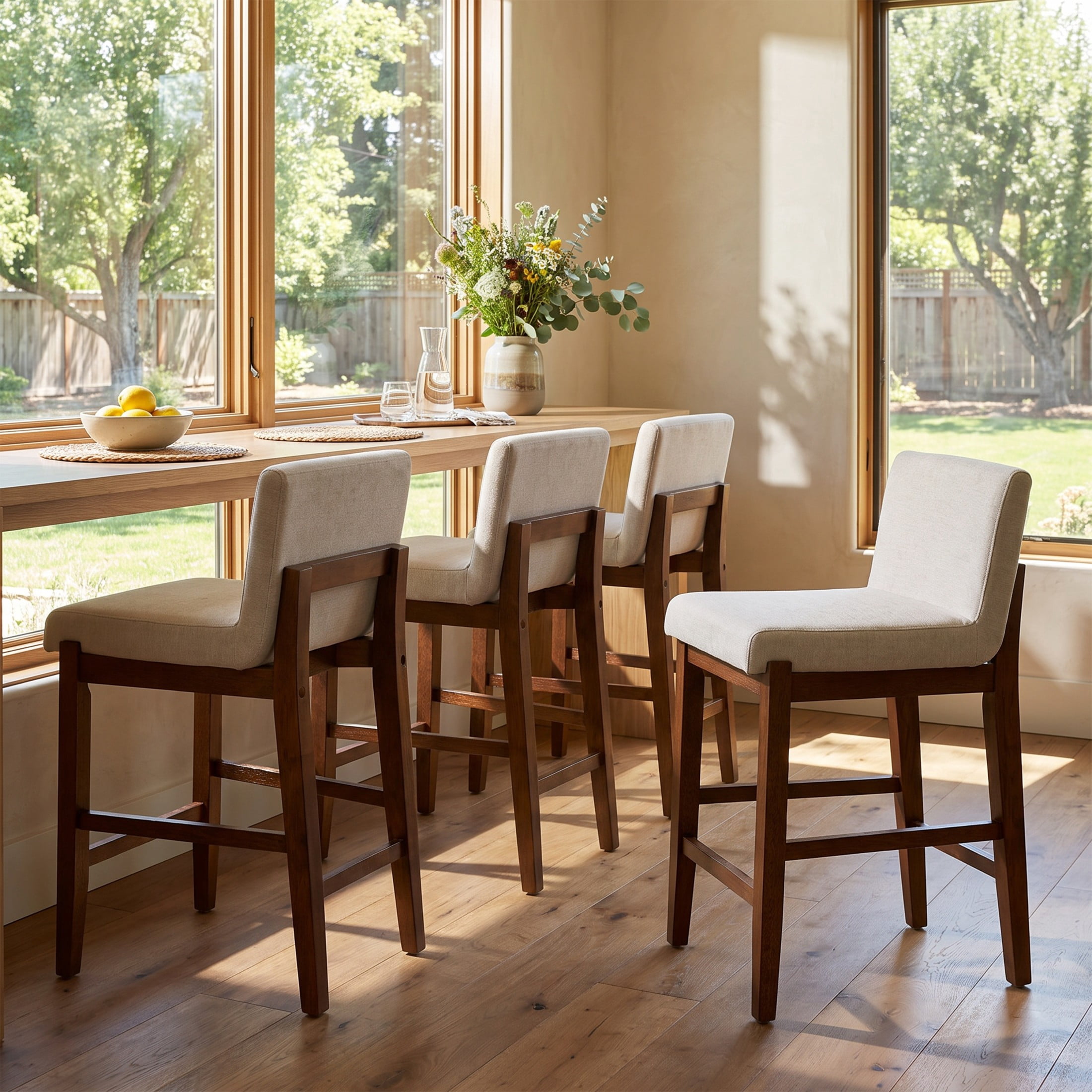 Christopher Knight Home Upholstered Armless Counter Height Bar Stools, Wood Frame, Walnut, Set of 4