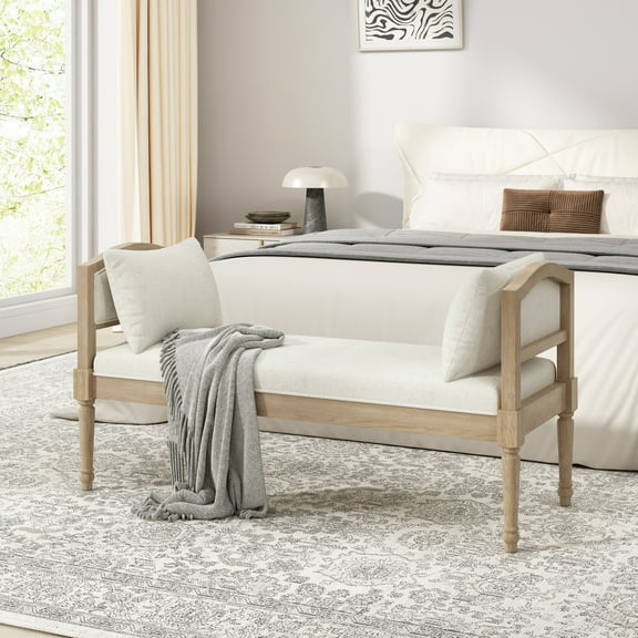 Christopher Knight Home Upholstered Bench with Turned Legs and Side Pillows, Farmhouse Accent Seating, Beige