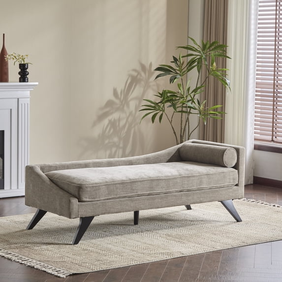 Christopher Knight Home Upholstered Chaise Lounge with Rolled Pillow, Sloped Backrest Accent Sofa Chair, Khaki