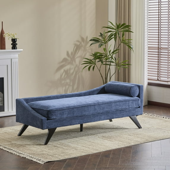 Christopher Knight Home Upholstered Chaise Lounge with Rolled Pillow, Sloped Backrest Accent Sofa Chair, Navy Blue