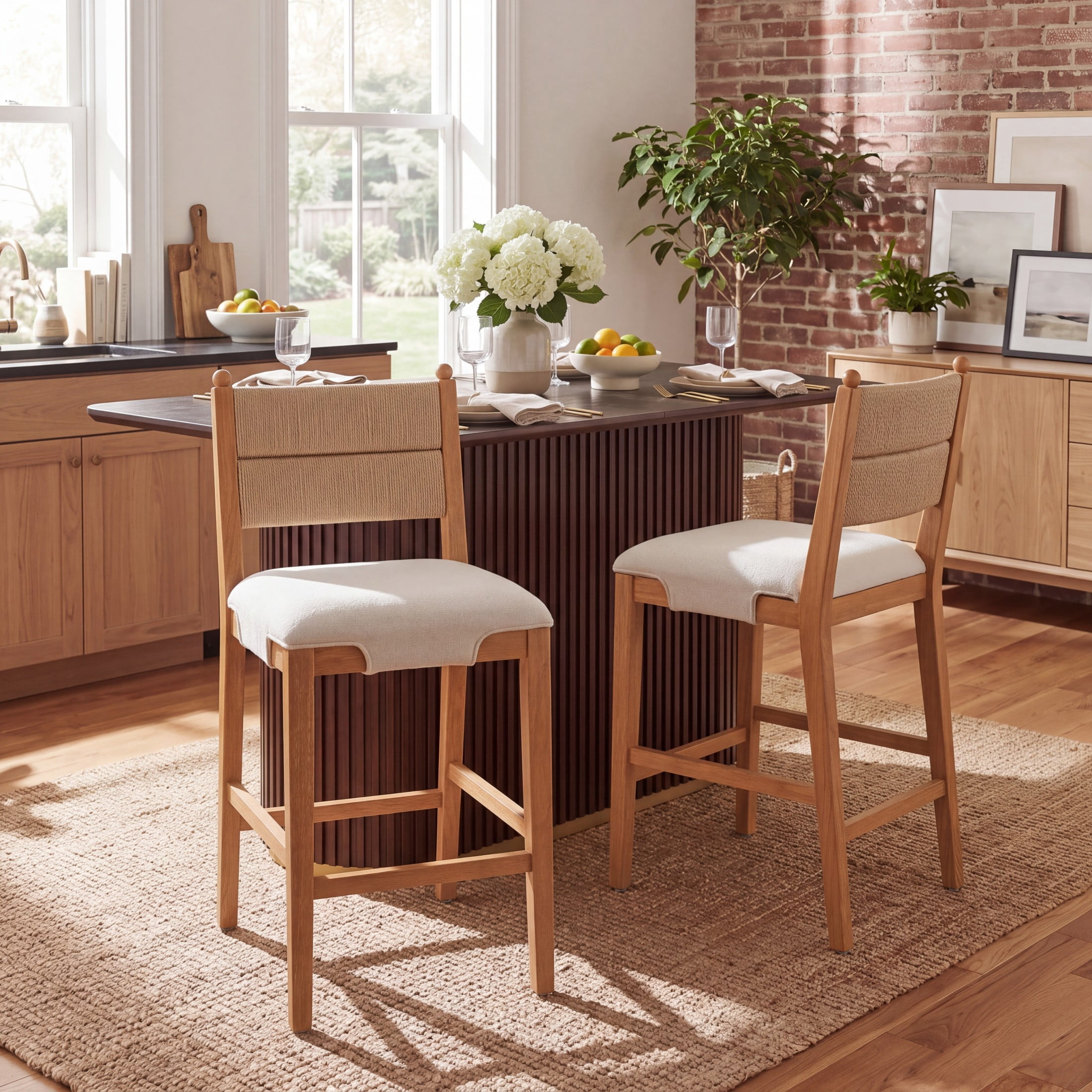 Christopher Knight Home Upholstered Counter Stools, Rope Back, Wood Frame, Beige+Natural, Set of 2