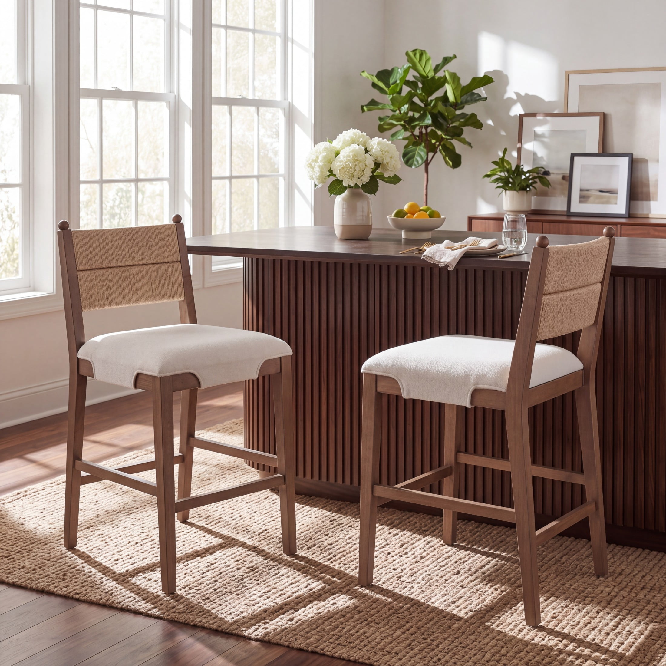 Christopher Knight Home Upholstered Counter Stools, Rope Back, Wood Frame, Beige+Walnut, Set of 2