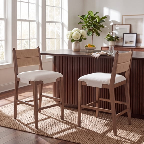 Christopher Knight Home Upholstered Counter Stools, Rope Back, Wood Frame, Beige+Walnut, Set of 2