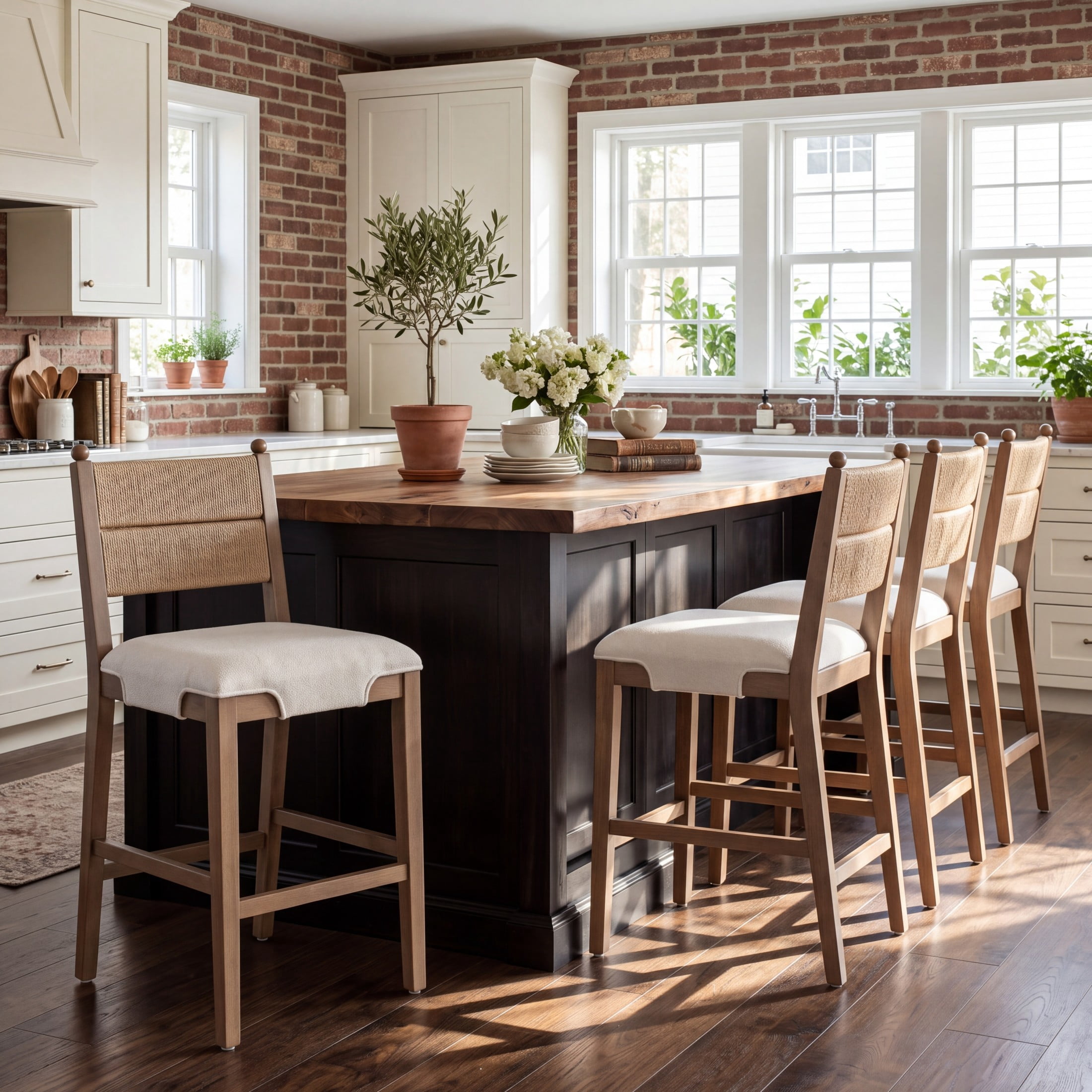 Christopher Knight Home Upholstered Counter Stools, Rope Back, Wood Frame, Beige+Walnut, Set of 4