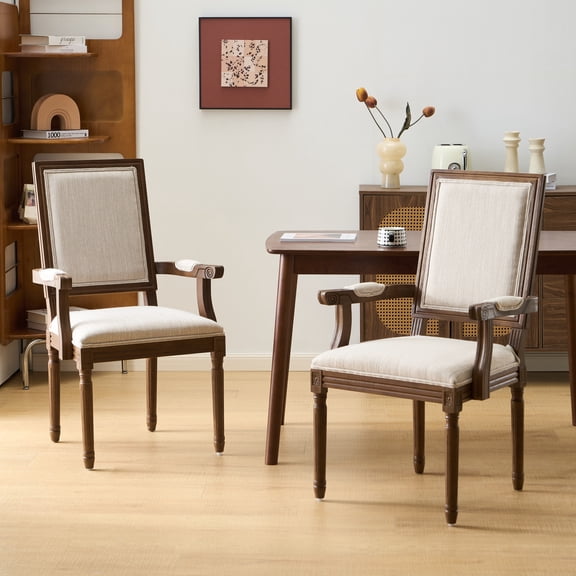 Christopher Knight Home Upholstered Dining Armchairs, Square Backrest with Fluted Legs, Walnut+Beige, Set of 2