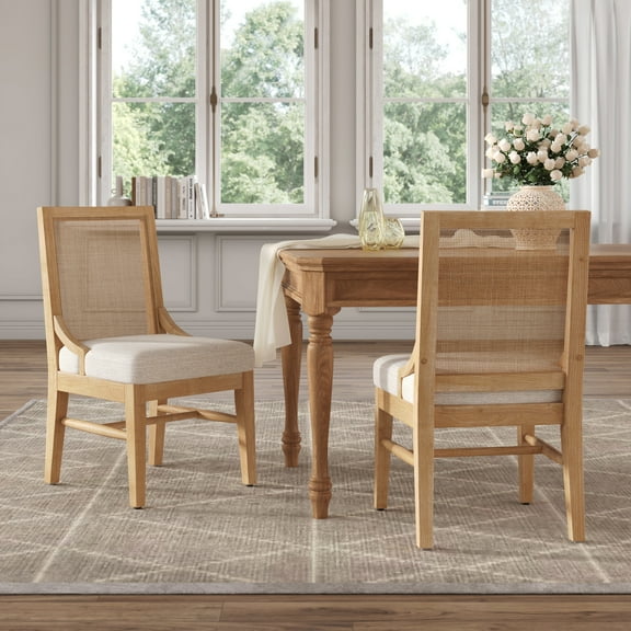 Christopher Knight Home Upholstered Dining Chair Set of 2 with Cane Back, Rubberwood Legs, Natural