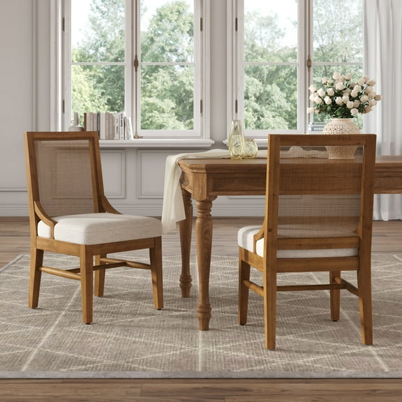 Christopher Knight Home Upholstered Dining Chair Set of 2 with Cane Back, Rubberwood Legs, Walnut